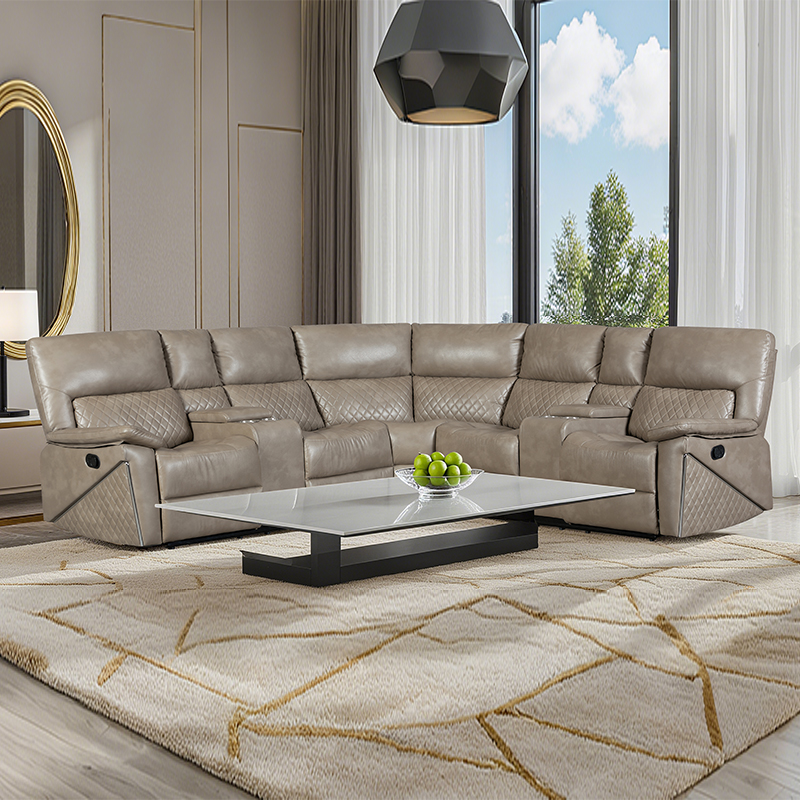 Canapé d'angle sectionnel à inclinaison manuelle 5 pièces avec porte-gobelets en brun