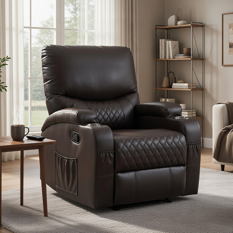 Fauteuil inclinable manuel en similicuir rembourré avec deux porte-gobelets