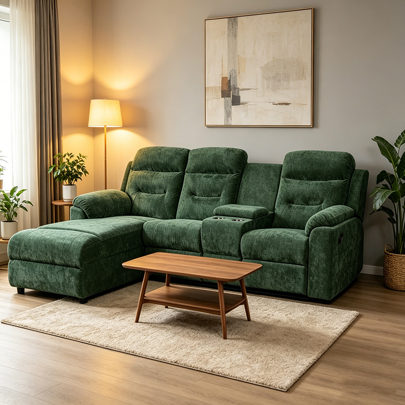 Canapé sectionnel vert à inclinaison manuelle pour 3 personnes avec console de rangement